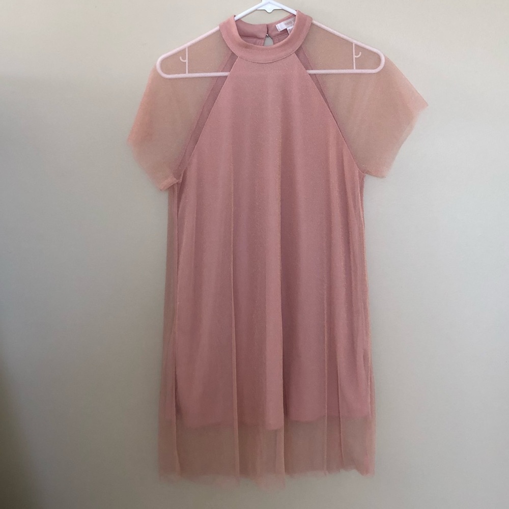 high neck peach sheer dress